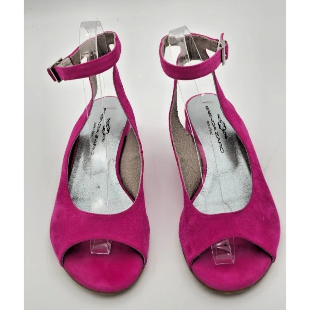 Brenda Zaro Women's Pink 37 Open Toe Block Heel Sandals Ankle Strap Suede Silver